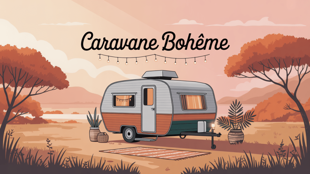 Caravane boheme installée dans décor naturel avec accessoires bohèmes