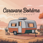 Caravane boheme installée dans décor naturel avec accessoires bohèmes
