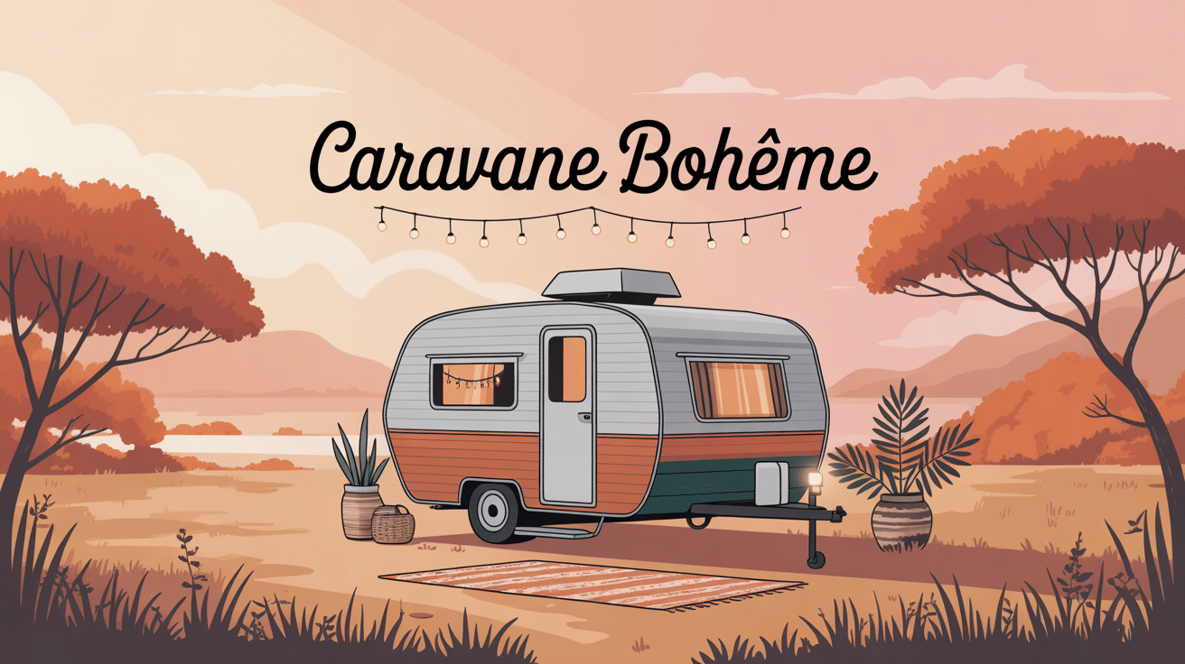 Caravane boheme installée dans décor naturel avec accessoires bohèmes