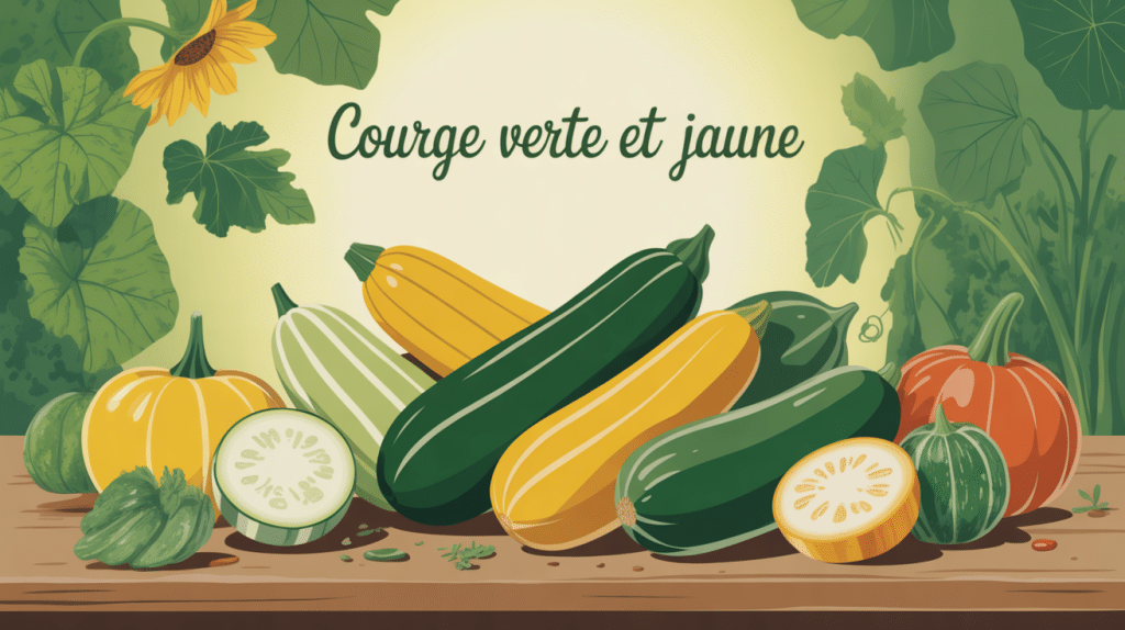 présentation artistique de courge verte et jaune sur une table