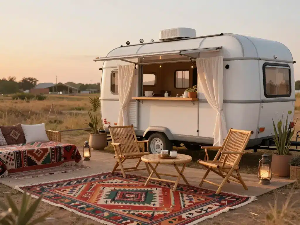 Extérieur caravane boheme avec tapis et mobilier terrasse photogénique