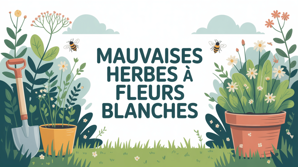 vue jardin avec mauvaises herbes à fleur blanche partout