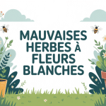 vue jardin avec mauvaises herbes à fleur blanche partout