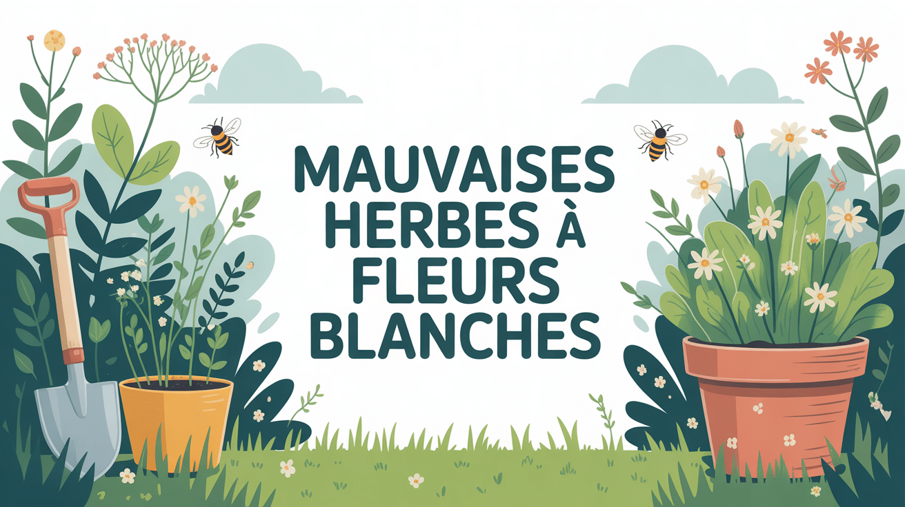 vue jardin avec mauvaises herbes à fleur blanche partout