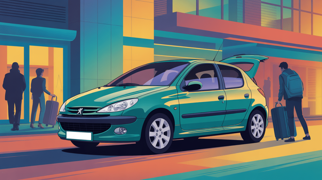 peugeot 206 saloon mise en avant dans un décor urbain avec coffre ouvert