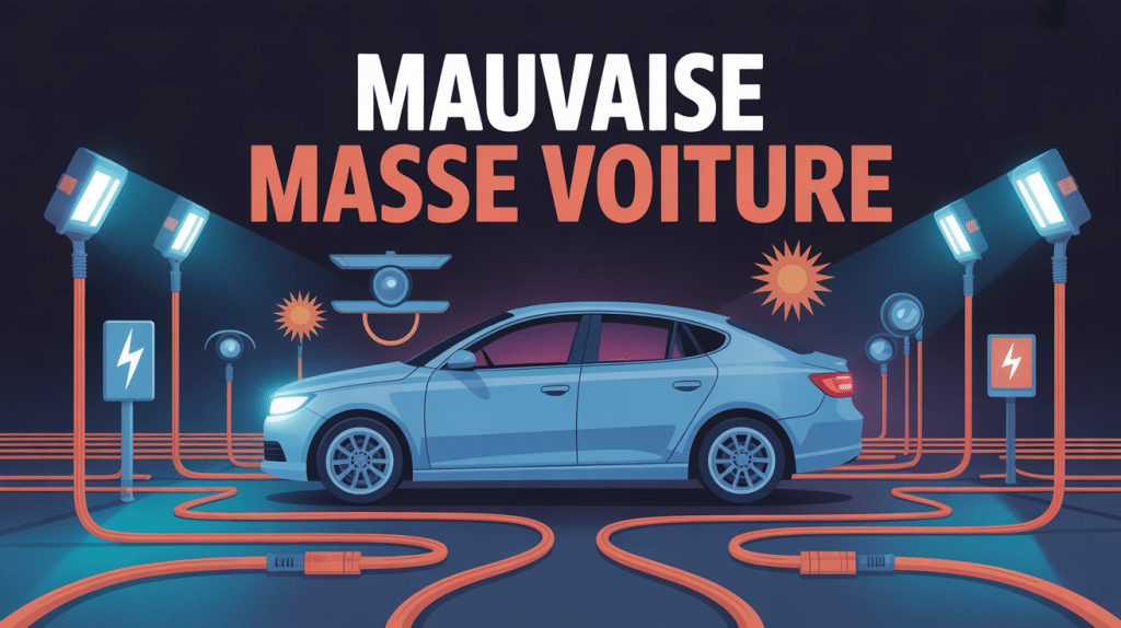 Illustration globale symptôme mauvaise masse voiture avec signes électriques