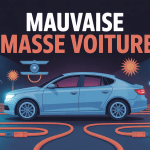 Illustration globale symptôme mauvaise masse voiture avec signes électriques