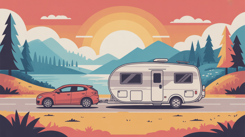 camping car tractant voiture legere sur route de vacances