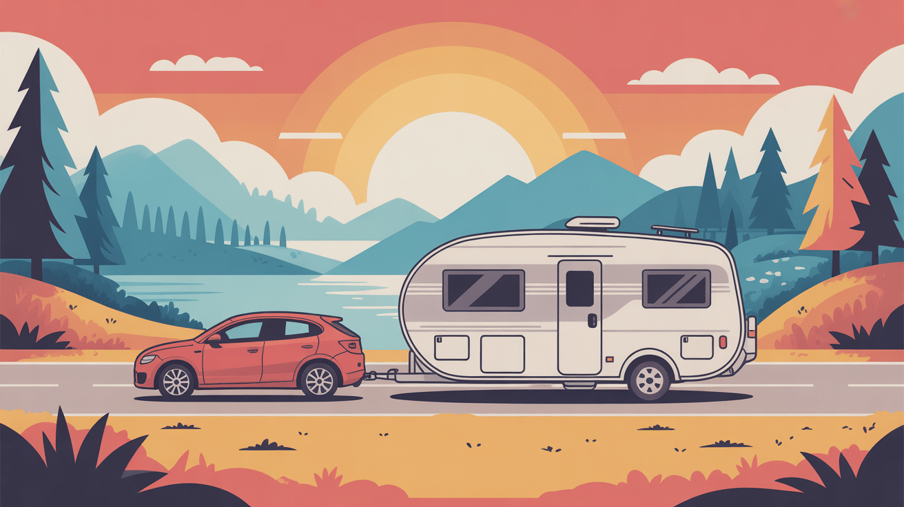 camping car tractant voiture legere sur route de vacances