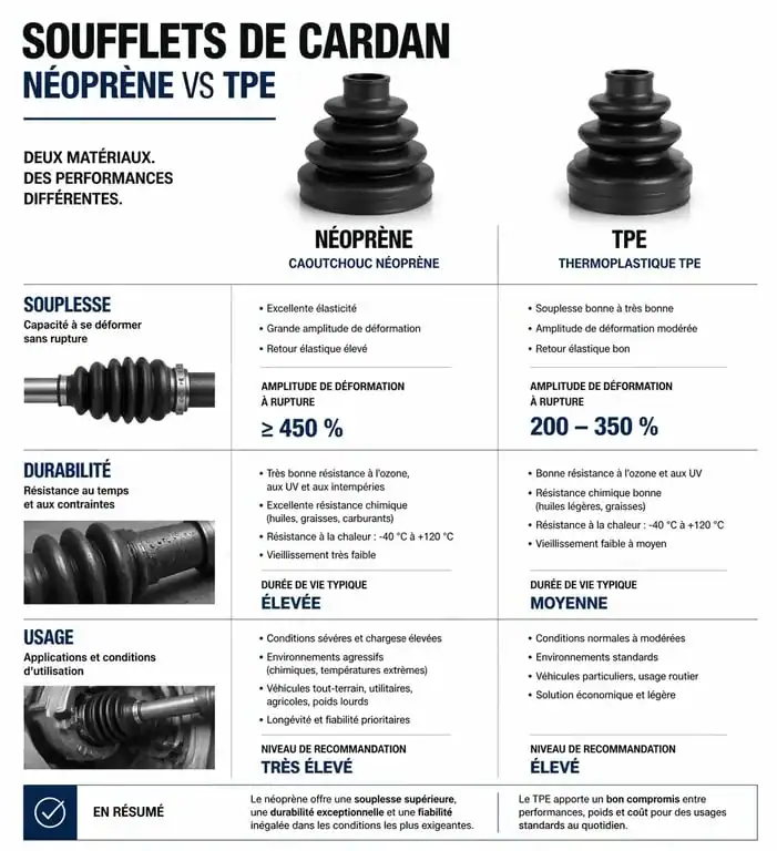 Comparatif technique des matériaux de soufflet de cardan : caoutchouc vs thermoplastique