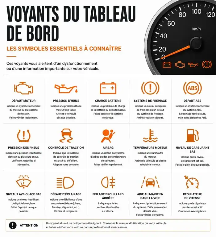 Tableau récapitulatif des voyants orange voiture les plus fréquents sur un tableau de bord