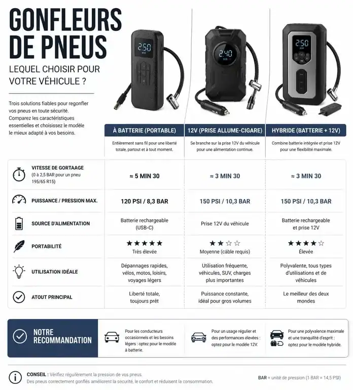 Infographie comparative pour choisir le meilleur gonfleur pneu voiture selon l'usage
