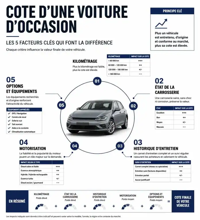 Infographie des facteurs influençant la cote argus gratuite et la valeur de revente d'un véhicule d'occasion