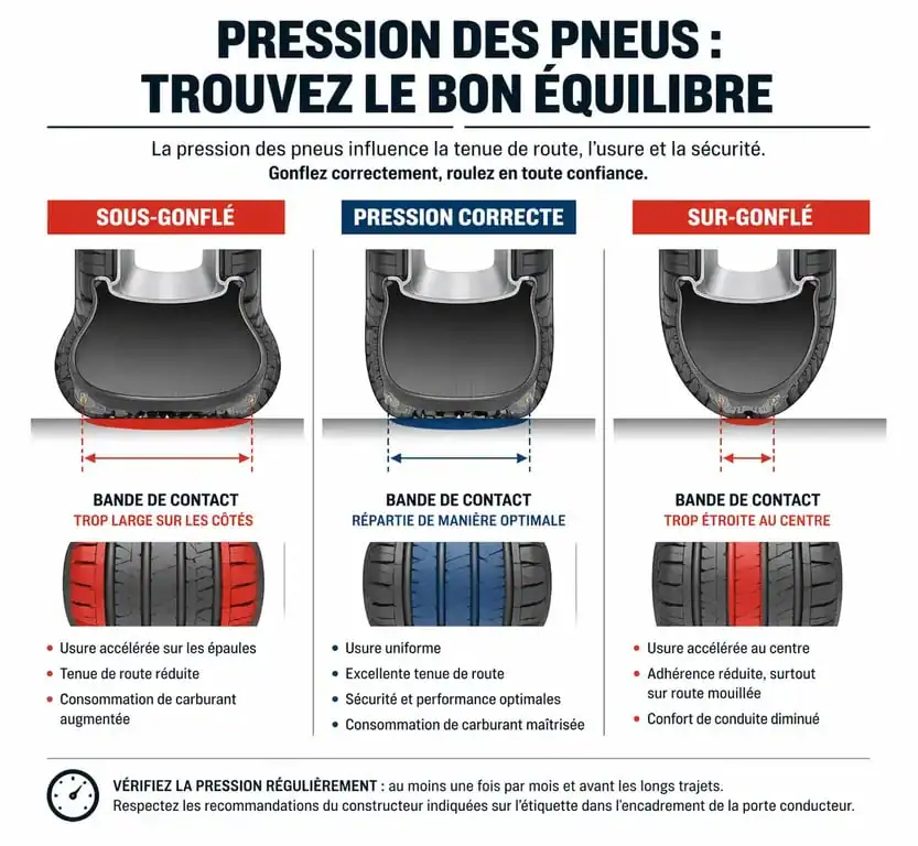 Schéma illustrant l'usure et la zone de contact selon la pression pour pneu : sous-gonflé, idéal et surgonflé