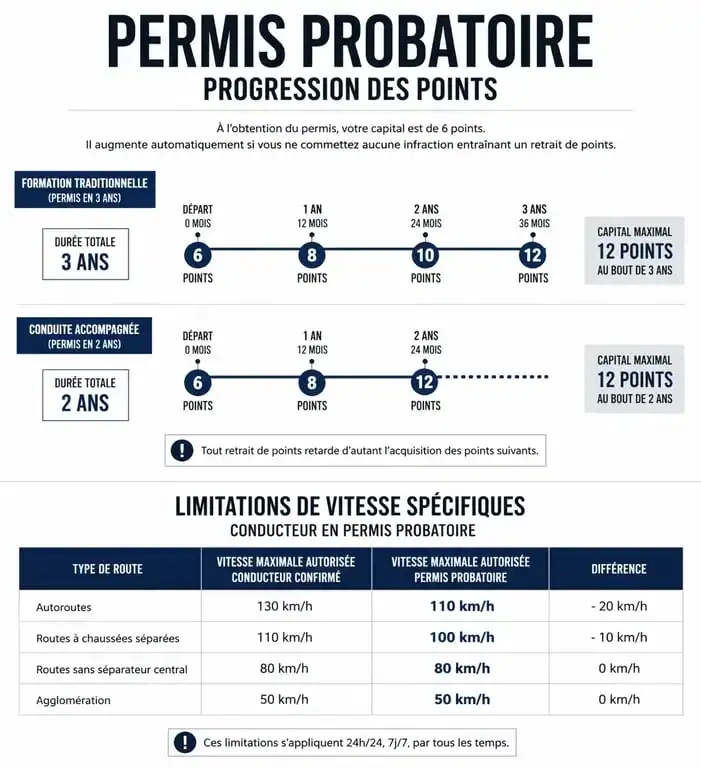 Infographie récapitulative du fonctionnement et des règles du permis probatoire