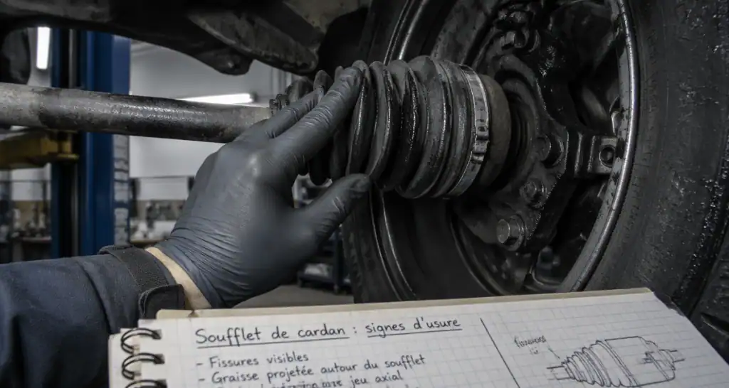 Soufflet de cardan fissuré inspecté en atelier