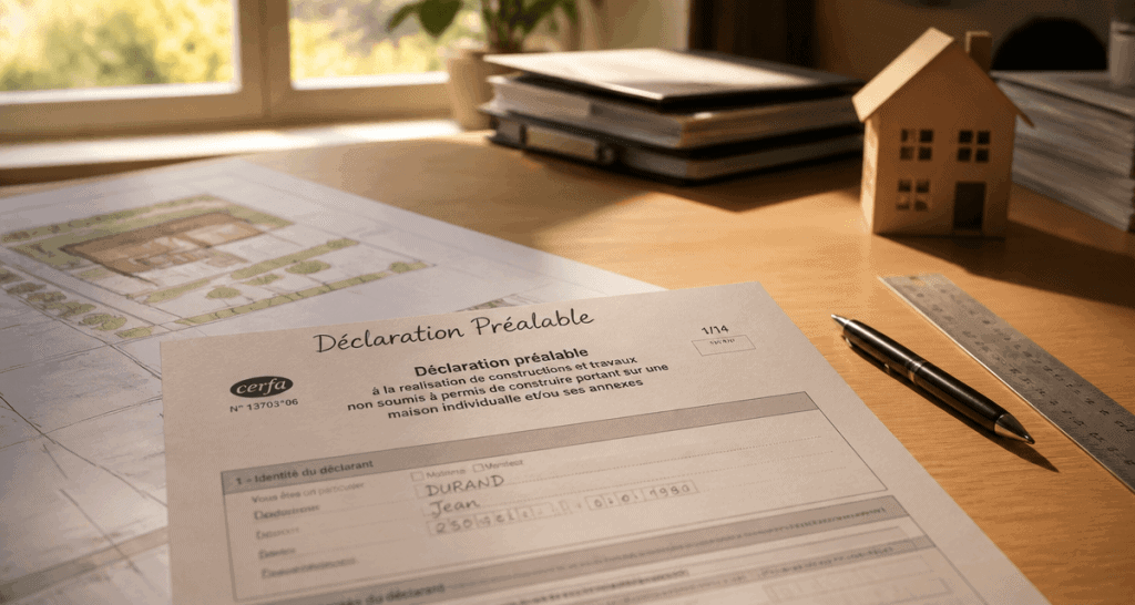 cerfa 13703 6 à imprimer sur bureau avec plan et stylo