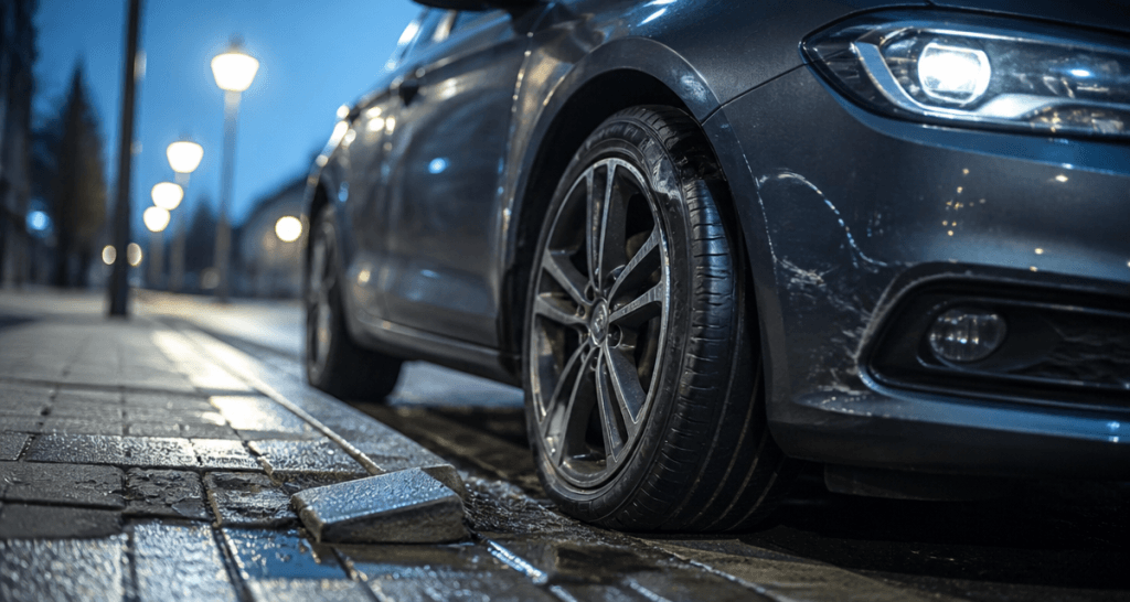 choc trottoir sous la voiture roue abîmée