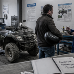 controle technique quad en centre rural avec technicien et propriétaire