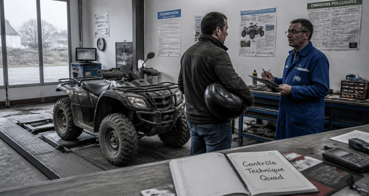 controle technique quad en centre rural avec technicien et propriétaire