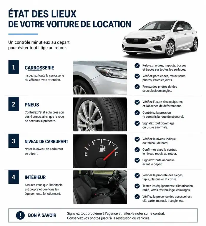 Infographie des points de contrôle pour un état des lieux de contrat de location de voiture