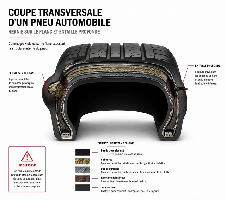 Schéma explicatif des dommages d'un pneu crevé suite à un choc contre un trottoir