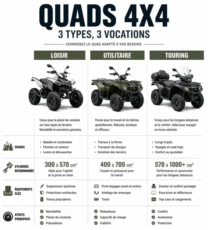 Infographie comparative des modèles de quads 4x4 : loisir, utilitaire et touring