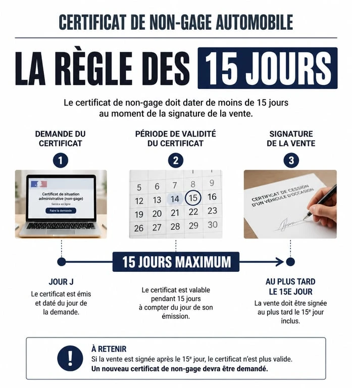 Infographie sur la validité de certificat de non gage de 15 jours pour la vente d'un véhicule
