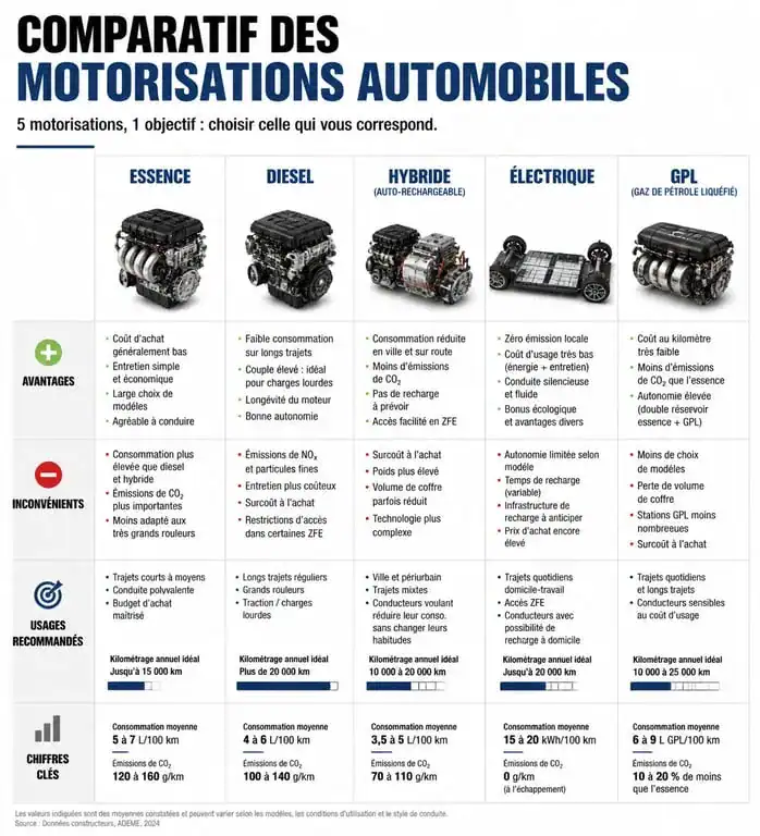 Infographie comparative des motorisations de voiture essence diesel hybride électrique