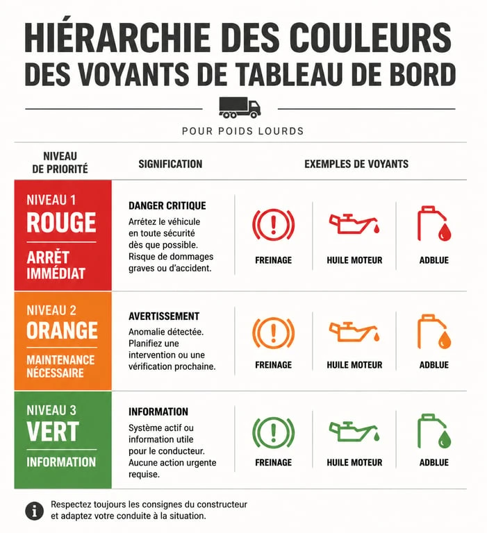 Infographie récapitulative des voyants de tableau de bord poids lourds et leur signification