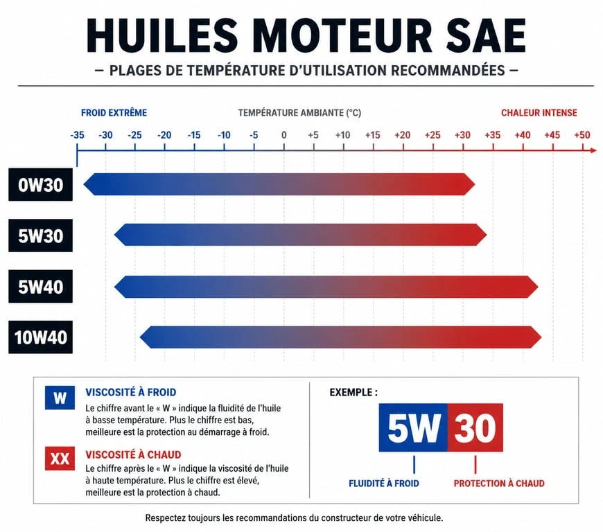 Infographie des grades de viscosité huile moteur SAE selon la température
