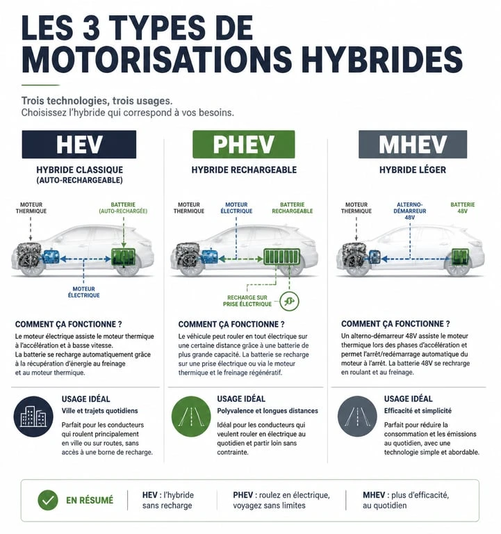 Infographie comparative des technologies hybrides HEV, PHEV et MHEV pour choisir la meilleure voiture hybride