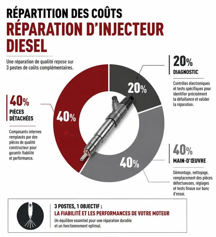 Répartition des coûts de réparation d'injecteur diesel : diagnostic, main-d'œuvre et pièces