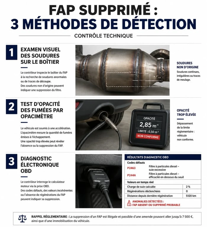 Infographie des méthodes de détection de la suppression du FAP au contrôle technique