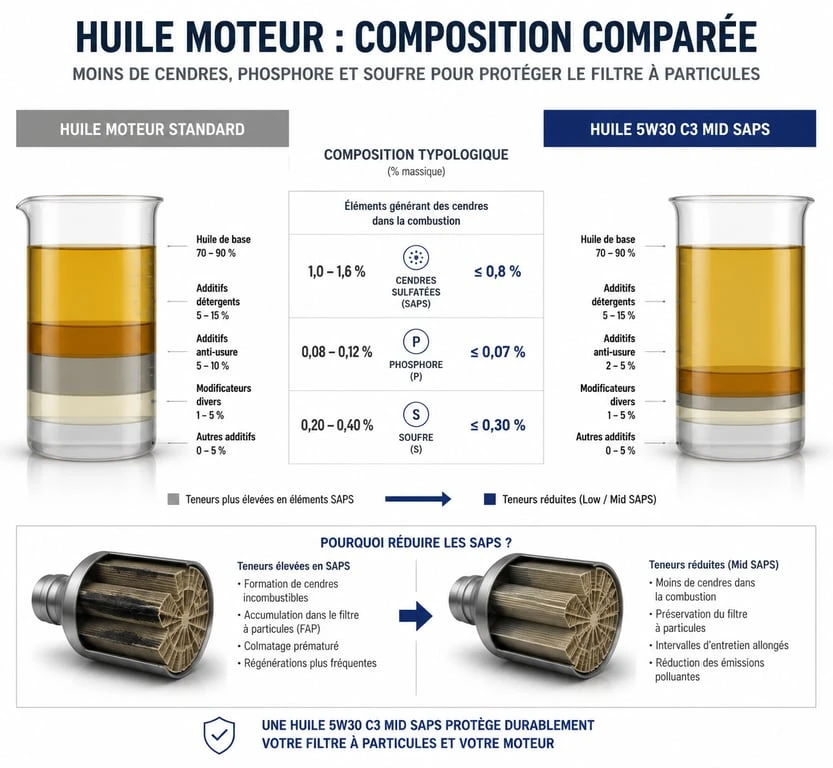 Schéma comparatif de la composition d'une huile moteur 5w30 C3 pour la protection des moteurs avec filtre à particules