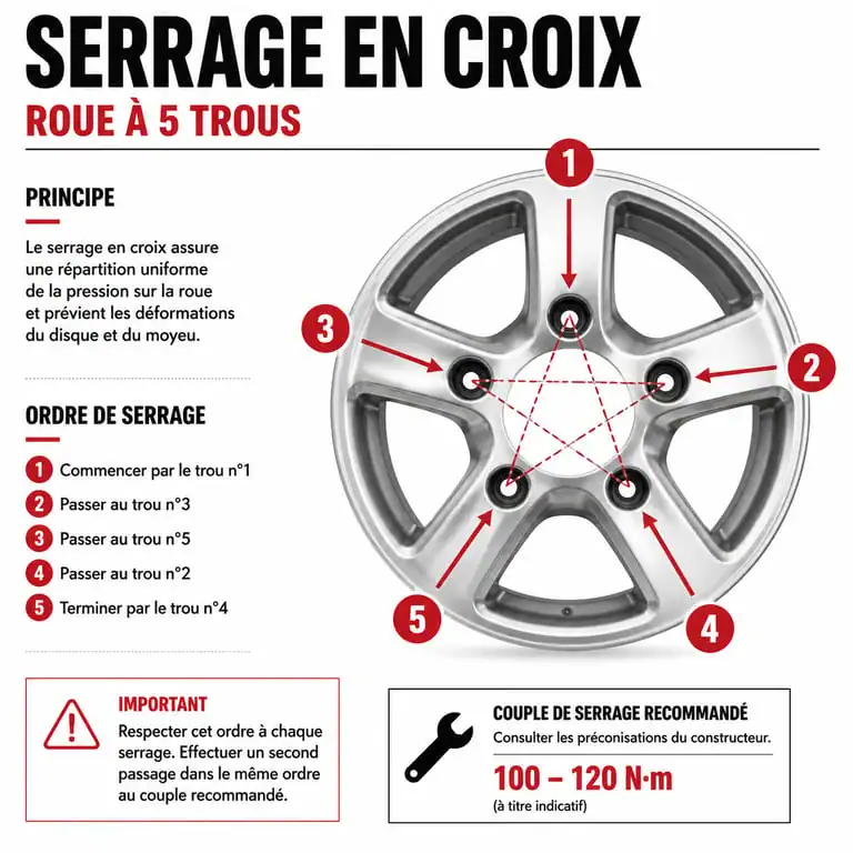 Schéma de serrage en croix pour jante tôle