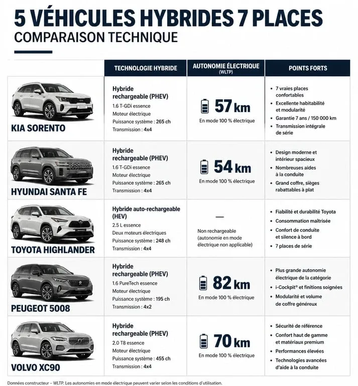 Comparatif des meilleurs modèles de véhicules hybrides 7 places : autonomie et performances