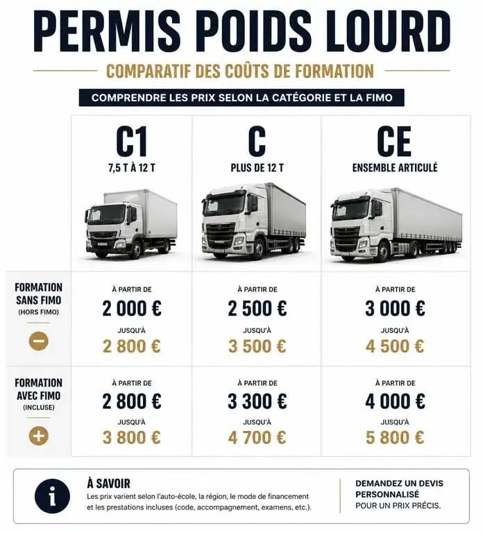 Infographie comparative des prix du permis poids lourd par catégorie