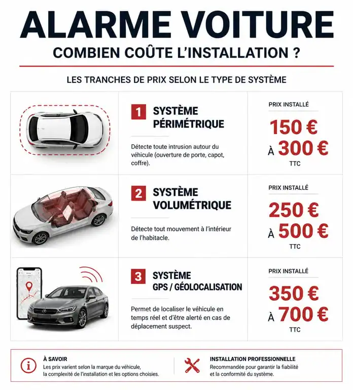 Infographie des prix d'une alarme voiture avec pose et types de systèmes de sécurité