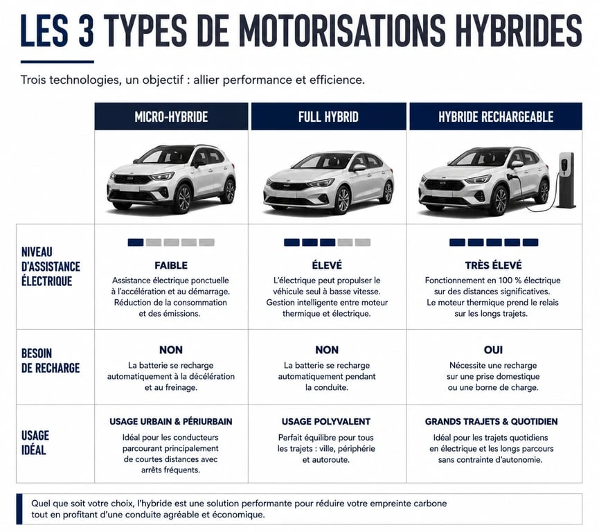 Comparatif des technologies de voiture hybride : micro-hybride, full hybrid et hybride rechargeable pour vous aider dans votre avis d'achat.