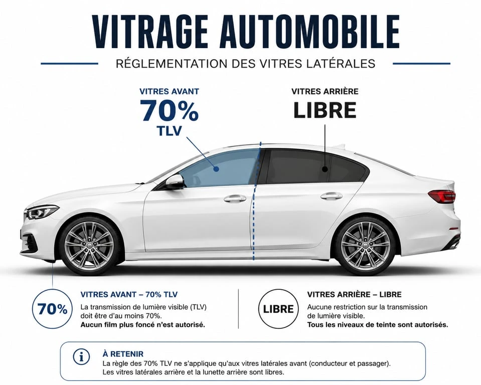 Infographie de la réglementation des vitres teintées arrière et avant en France