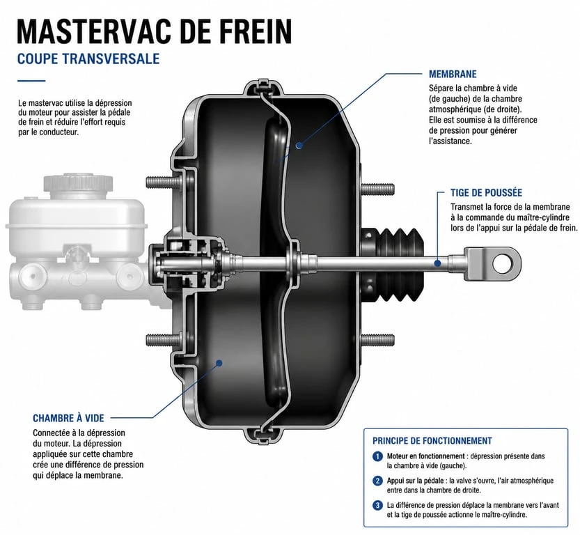 Schéma de fonctionnement d'un mastervac de frein automobile