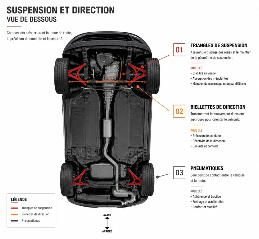 Schéma des composants mécaniques sous la voiture exposés lors d'un choc trottoir