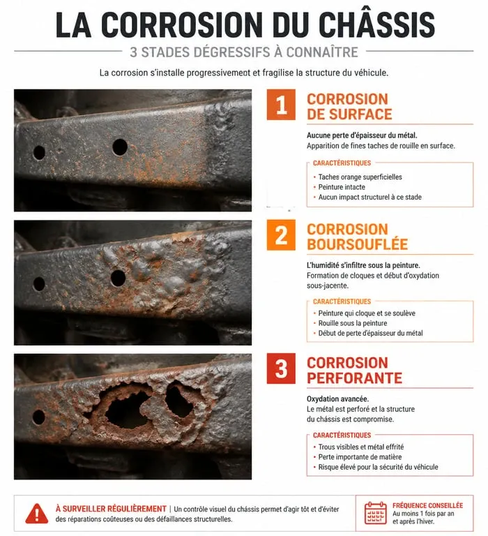 Infographie des niveaux de gravité de la corrosion sur un châssis de voiture