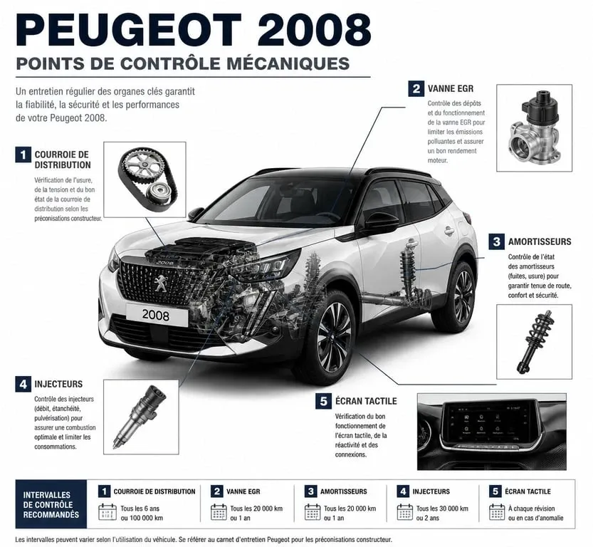Infographie des points de contrôle et pannes fréquentes sur Peugeot 2008