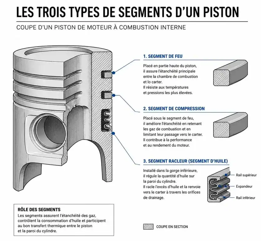 Schéma en coupe d'un piston montrant les trois segments moteur : feu, compression et racleur