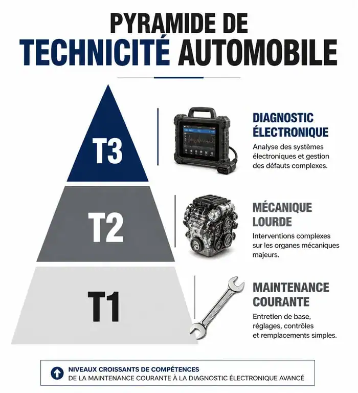 Infographie des niveaux de main d'œuvre garage T1, T2 et T3 pour comprendre les tarifs de réparation automobile