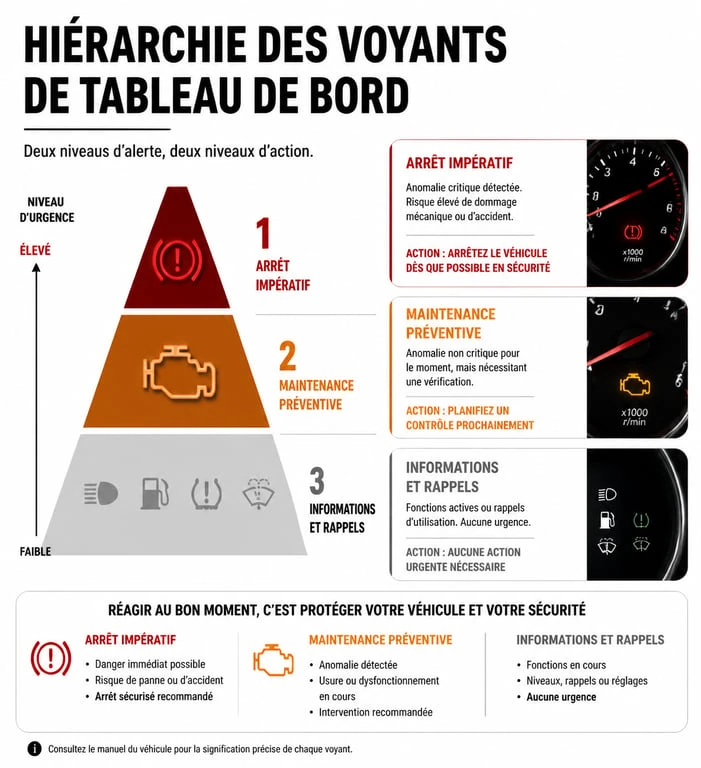 Infographie explicative sur la signification du voyant service orange et rouge sur le tableau de bord