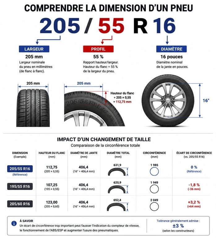 Schéma explicatif de la nomenclature d'un pneu automobile et calcul de dimension