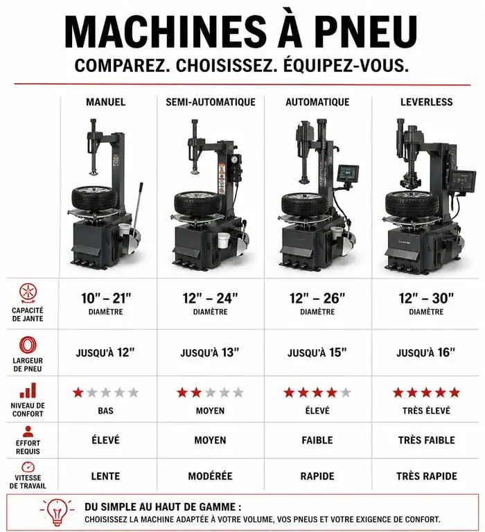 Infographie comparative des machines pour pneu : manuel, semi-automatique, automatique et leverless